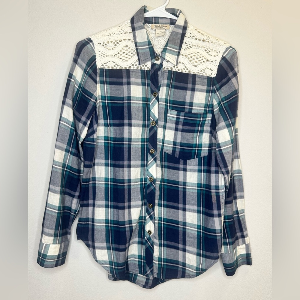 Lucky Brand Plaid Top Shirt Size XS Womens Blue Ivory Cotton Lace Insets